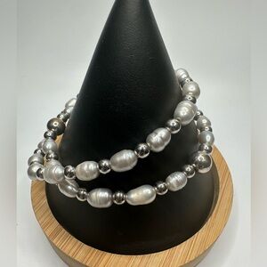 Genuine Baroque Freshwater Pearl Stretch Bracelets Silver Tone Beads Rhinestones